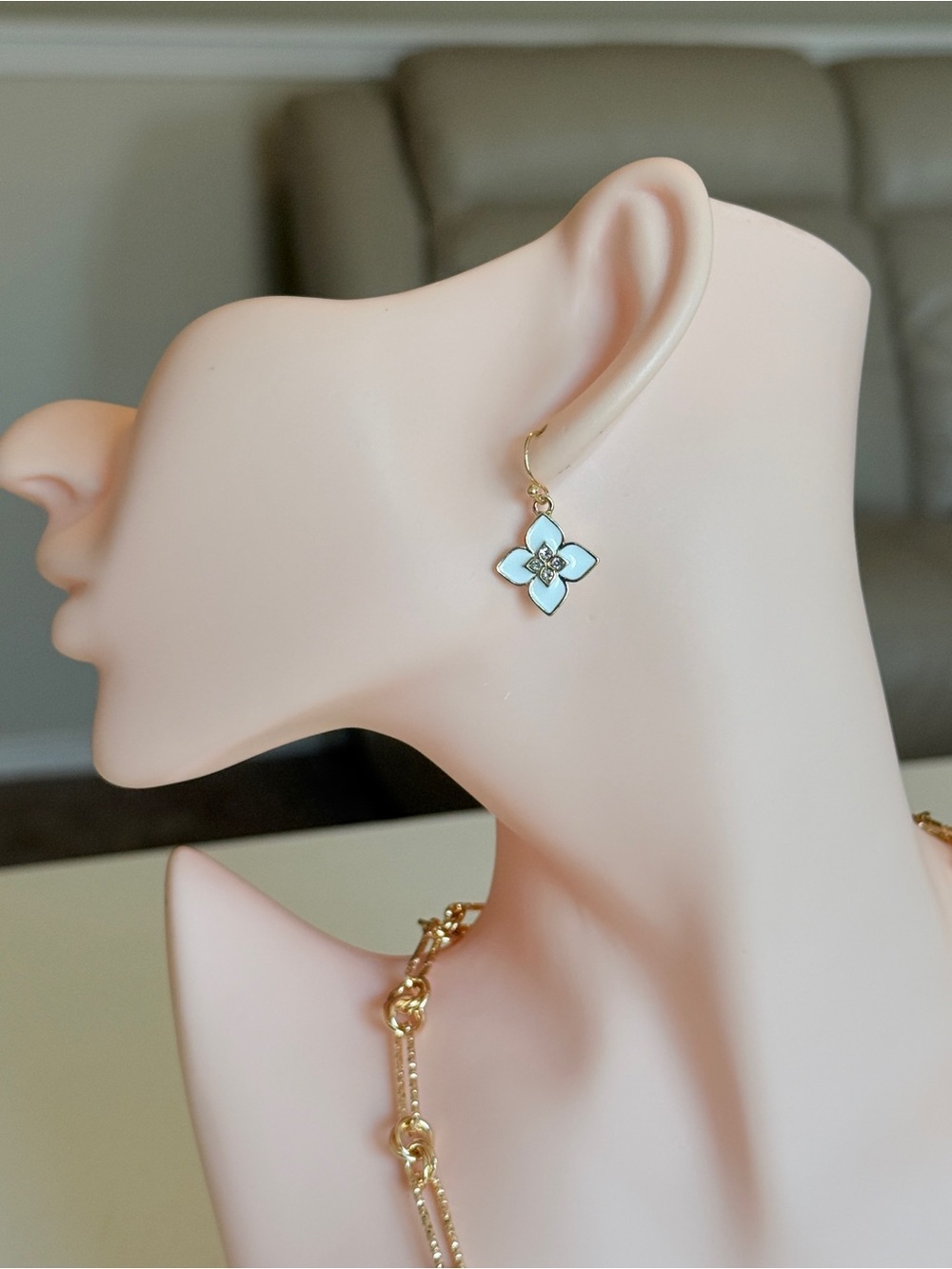 Gold-Plated Blue Flower Drop Earrings